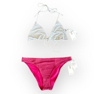 NWT Good American Sparkle TinyTies Top Silver & Better BikiniBottom HawaiianPink